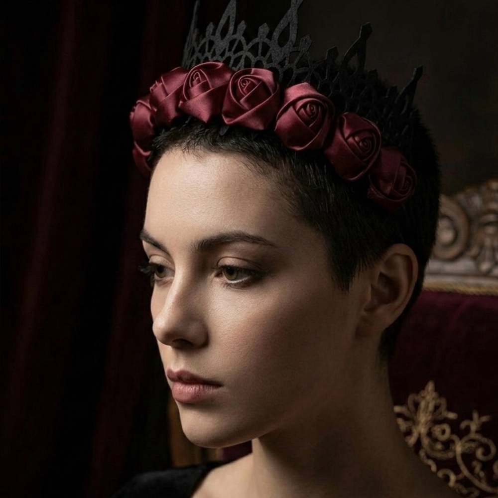 Midnight Rose Gothic Crown – Ornate Black Lace & Crimson Satin Rose Headband - Picture 5 of 11